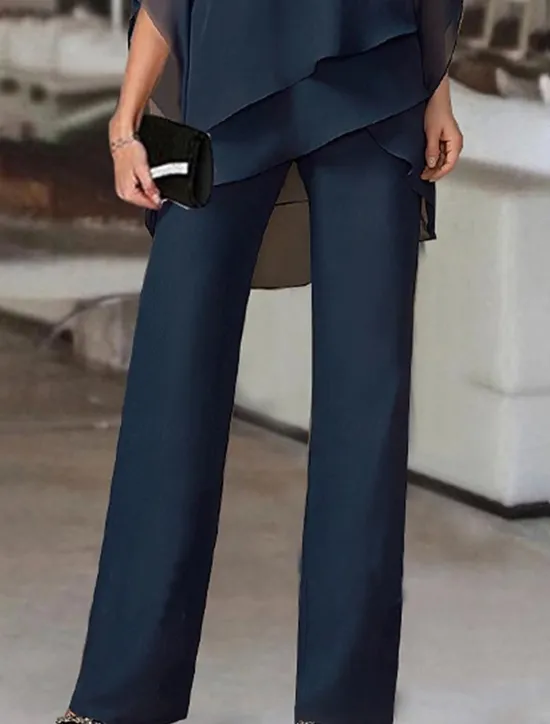 Online Women's Streetwear Daily Shirt Pants Sets Wide Leg Pants Trousers Jumpsuit Short Sleeve One Shoulder Solid Color Casual Daily White Dark Navy Blue Fall & Winter Regular Fit Women Two Piece Sets