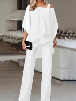Online Women's Streetwear Daily Shirt Pants Sets Wide Leg Pants Trousers Jumpsuit Short Sleeve One Shoulder Solid Color Casual Daily White Dark Navy Blue Fall & Winter Regular Fit Women Two Piece Sets