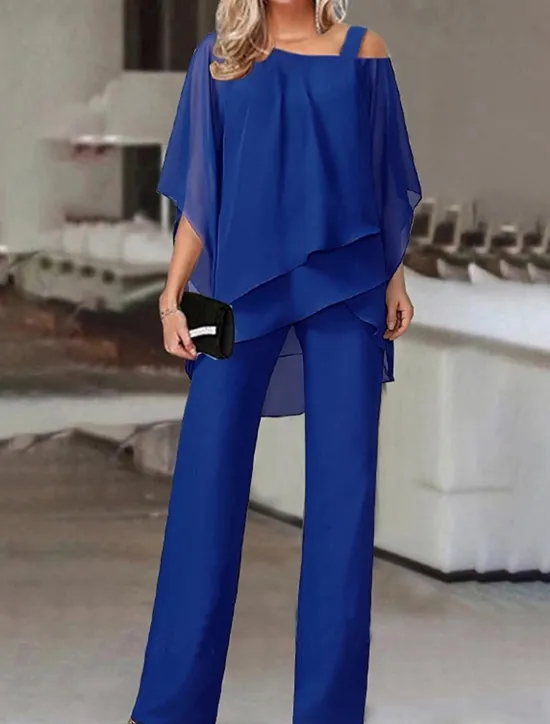 Online Women's Streetwear Daily Shirt Pants Sets Wide Leg Pants Trousers Jumpsuit Short Sleeve One Shoulder Solid Color Casual Daily White Dark Navy Blue Fall & Winter Regular Fit Women Two Piece Sets
