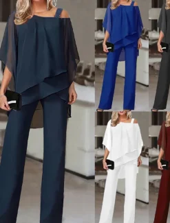 Online Women's Streetwear Daily Shirt Pants Sets Wide Leg Pants Trousers Jumpsuit Short Sleeve One Shoulder Solid Color Casual Daily White Dark Navy Blue Fall & Winter Regular Fit Women Two Piece Sets