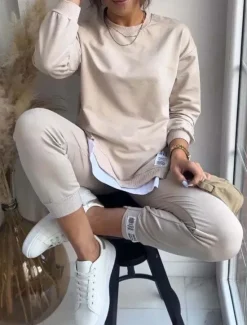 Best Women's Streetwear Daily T Shirt Chinos Long Sleeve Crew Neck Solid Color Patchwork Outdoor Office Black Beige Gray Spring & Fall Regular Fit Women Two Piece Sets