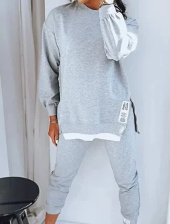 Best Women's Streetwear Daily T Shirt Chinos Long Sleeve Crew Neck Solid Color Patchwork Outdoor Office Black Beige Gray Spring & Fall Regular Fit Women Two Piece Sets