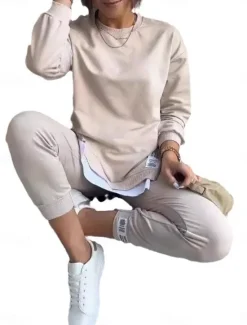 Best Women's Streetwear Daily T Shirt Chinos Long Sleeve Crew Neck Solid Color Patchwork Outdoor Office Black Beige Gray Spring & Fall Regular Fit Women Two Piece Sets