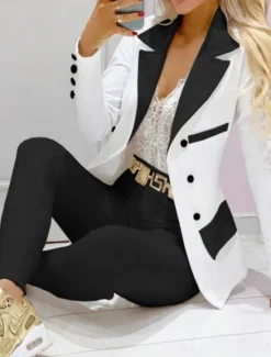 Hot Women's Streetwear Stylish Blazer Trousers Long Sleeve Shirt Collar Graphic Patchwork Casual Daily Spring & Fall Regular Fit Women Two Piece Sets