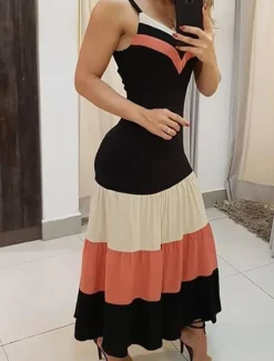 Discount Women's Stripe Strap Maxi Dress Sleeveless Spring Women Cocktail Dress