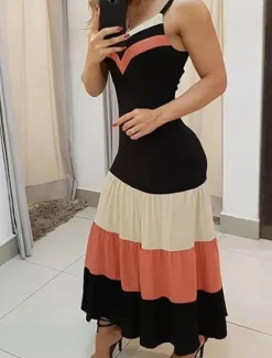 Discount Women's Stripe Strap Maxi Dress Sleeveless Spring Women Cocktail Dress