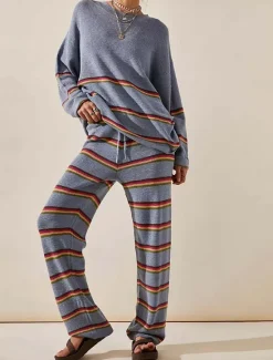Online Women's Striped Sweater Set Crew Neck Knit Knitted Fall Winter Work Streetwear Casual Long Sleeve Striped Blue Green Women Sweater Co-Ords