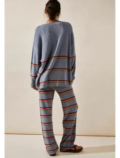 Online Women's Striped Sweater Set Crew Neck Knit Knitted Fall Winter Work Streetwear Casual Long Sleeve Striped Blue Green Women Sweater Co-Ords