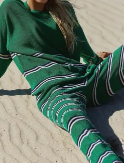 Online Women's Striped Sweater Set Crew Neck Knit Knitted Fall Winter Work Streetwear Casual Long Sleeve Striped Blue Green Women Sweater Co-Ords
