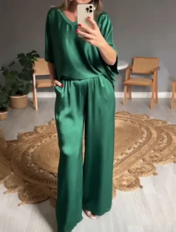Online Women's Stylish T Shirt Wide Leg Pants 3/4 Length Sleeve V Neck Plain Holiday Weekend Silver Black Pink Summer Regular Fit Women Two Piece Sets