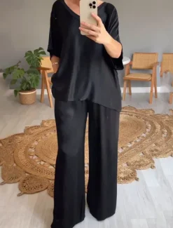 Online Women's Stylish T Shirt Wide Leg Pants 3/4 Length Sleeve V Neck Plain Holiday Weekend Silver Black Pink Summer Regular Fit Women Two Piece Sets