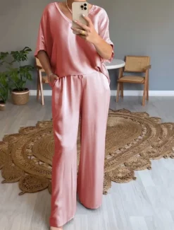 Online Women's Stylish T Shirt Wide Leg Pants 3/4 Length Sleeve V Neck Plain Holiday Weekend Silver Black Pink Summer Regular Fit Women Two Piece Sets