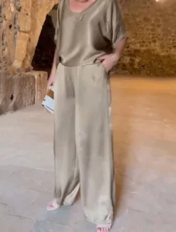 Online Women's Stylish T Shirt Wide Leg Pants 3/4 Length Sleeve V Neck Plain Holiday Weekend Silver Black Pink Summer Regular Fit Women Two Piece Sets