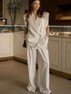 New Women's Suit Vest Pants Sets Elegant Vintage Fashion Sleeveless Notch lapel collar Striped Formal Work Casual Summer Regular Fit Women Two Piece Sets