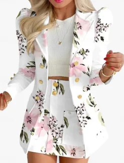 New Women's Suits Blazer Comfortable Breathable Pocket Print Fashion Casual Floral Office Street Casual Daily Wear Single Breasted Short Turndown Regular Fit Long Sleeve Outerwear Black White Yellow Women Blazers & Suits