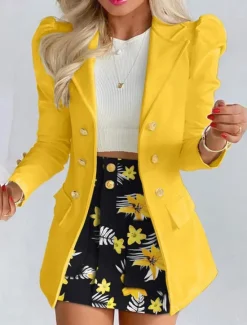 New Women's Suits Blazer Comfortable Breathable Pocket Print Fashion Casual Floral Office Street Casual Daily Wear Single Breasted Short Turndown Regular Fit Long Sleeve Outerwear Black White Yellow Women Blazers & Suits