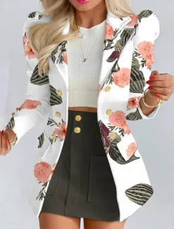 New Women's Suits Blazer Comfortable Breathable Pocket Print Fashion Casual Floral Office Street Casual Daily Wear Single Breasted Short Turndown Regular Fit Long Sleeve Outerwear Black White Yellow Women Blazers & Suits