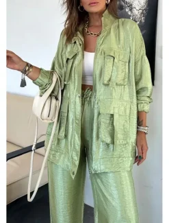 Online Women's Suits Comfortable Drawstring Pocket Full Zip Sports Fashion Daily Retro Plain School Vacation Home Office Cardigan Regular Stand Collar Loose Fit Long Sleeve Outerwear Silver Lake blue Black Women Two Piece Sets|Blazers & Suits