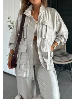 Online Women's Suits Comfortable Drawstring Pocket Full Zip Sports Fashion Daily Retro Plain School Vacation Home Office Cardigan Regular Stand Collar Loose Fit Long Sleeve Outerwear Silver Lake blue Black Women Two Piece Sets|Blazers & Suits