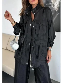 Online Women's Suits Comfortable Drawstring Pocket Full Zip Sports Fashion Daily Retro Plain School Vacation Home Office Cardigan Regular Stand Collar Loose Fit Long Sleeve Outerwear Silver Lake blue Black Women Two Piece Sets|Blazers & Suits