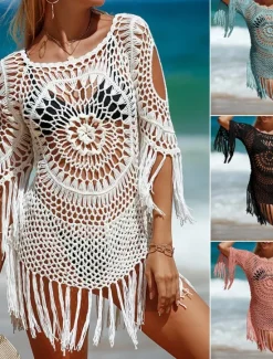 Clearance Women's Summer Beach Dress Tassel Cut Out Beach Wear Holiday Sleeveless Black White Pink Color Women Cover Up