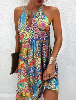 Women's Summer Dress Halter Neck Dress Print Dress Active Fashion Streetwear Outdoor Vacation Daily Regular Fit Paisley Sleeveless Halter Neck Yellow Royal Blue Blue Dark Blue Summer Spring Women Spring Dresses|Floral Dresses