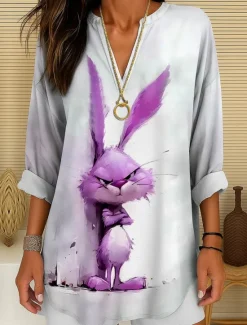 New Women's Summer Tops Long Sleeve Tunic Graphic Animal Vintage Tropical Hawaiian Long Sleeve V Neck Regular Tops Daily Holiday Beach Wear Print Pink Red Blue Purple Green Summer Spring Women Blouses & Shirts