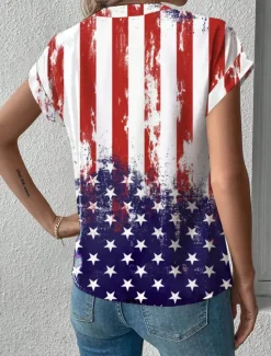 Sale Women's Summer Tops Patriotic Blouse Graphic Flag Daily Red White And Blue Short Sleeve V Neck Regular Tops Daily Buttons Print Blue Summer Women Independence Day Top