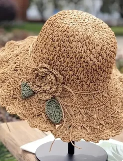 Clearance Women's Sun Hat Beige Crochet Flower Detail Wide Brim Beach Garden Party Elegant Accessory One Size Fits Most Spring Summer Apparel Women Hats