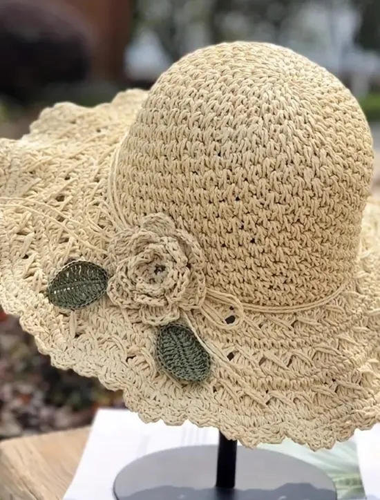 Clearance Women's Sun Hat Beige Crochet Flower Detail Wide Brim Beach Garden Party Elegant Accessory One Size Fits Most Spring Summer Apparel Women Hats