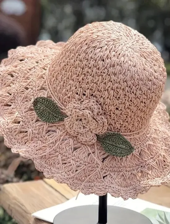 Clearance Women's Sun Hat Beige Crochet Flower Detail Wide Brim Beach Garden Party Elegant Accessory One Size Fits Most Spring Summer Apparel Women Hats