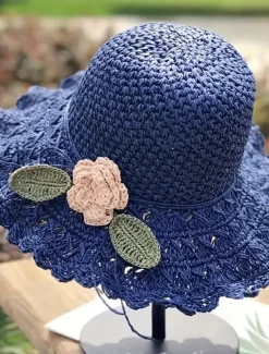 Clearance Women's Sun Hat Beige Crochet Flower Detail Wide Brim Beach Garden Party Elegant Accessory One Size Fits Most Spring Summer Apparel Women Hats