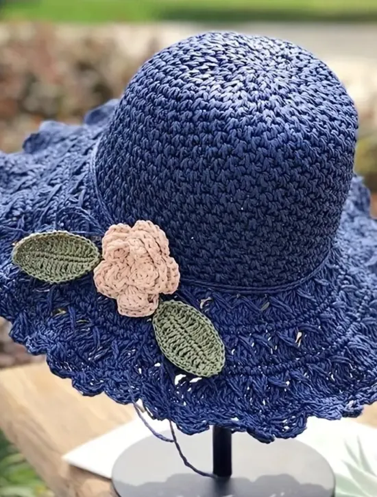 Clearance Women's Sun Hat Beige Crochet Flower Detail Wide Brim Beach Garden Party Elegant Accessory One Size Fits Most Spring Summer Apparel Women Hats
