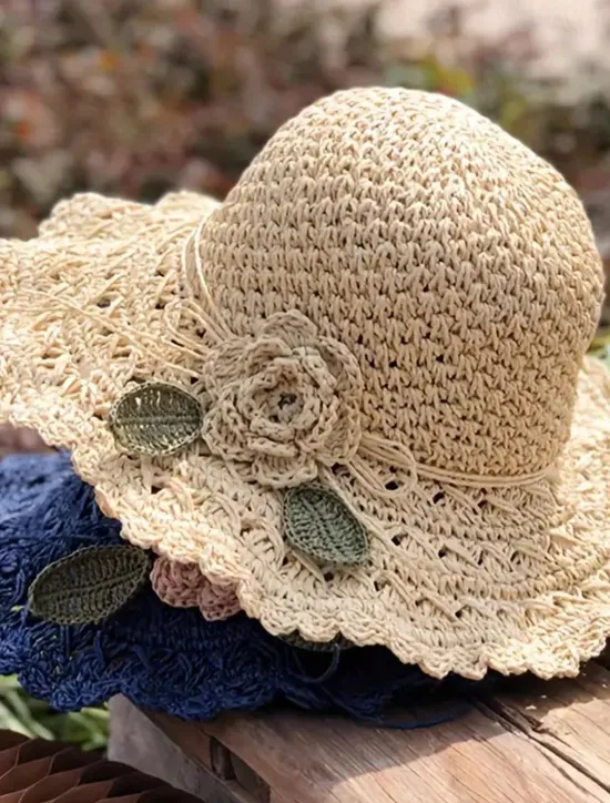 Clearance Women's Sun Hat Beige Crochet Flower Detail Wide Brim Beach Garden Party Elegant Accessory One Size Fits Most Spring Summer Apparel Women Hats