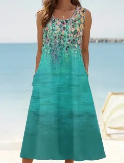 Hot Women's Sundress Tank Dress Summer Dress Print Dress Active Fashion Hawaiian Vacation Holiday Beach Loose Fit Sleeveless Crew Neck Aqua Blue Cream Wine Red Summer Spring Women Floral Dresses