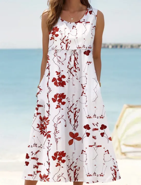 Hot Women's Sundress Tank Dress Summer Dress Print Dress Active Fashion Hawaiian Vacation Holiday Beach Loose Fit Sleeveless Crew Neck Aqua Blue Cream Wine Red Summer Spring Women Floral Dresses