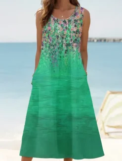 Hot Women's Sundress Tank Dress Summer Dress Print Dress Active Fashion Hawaiian Vacation Holiday Beach Loose Fit Sleeveless Crew Neck Aqua Blue Cream Wine Red Summer Spring Women Floral Dresses