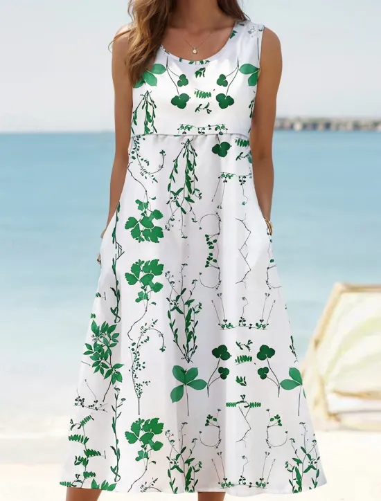 Hot Women's Sundress Tank Dress Summer Dress Print Dress Active Fashion Hawaiian Vacation Holiday Beach Loose Fit Sleeveless Crew Neck Aqua Blue Cream Wine Red Summer Spring Women Floral Dresses