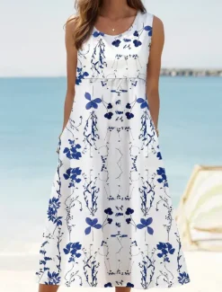 Hot Women's Sundress Tank Dress Summer Dress Print Dress Active Fashion Hawaiian Vacation Holiday Beach Loose Fit Sleeveless Crew Neck Aqua Blue Cream Wine Red Summer Spring Women Floral Dresses