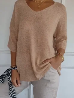 Discount Women's Sweater Basic Casual Soft Solid Color Ribbed V Neck Knitted Long Sleeve Regular Tops Knit Outdoor Daily Weekend Blue Orange Spring Fall Women Pullovers & Tops