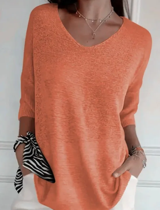 Discount Women's Sweater Basic Casual Soft Solid Color Ribbed V Neck Knitted Long Sleeve Regular Tops Knit Outdoor Daily Weekend Blue Orange Spring Fall Women Pullovers & Tops