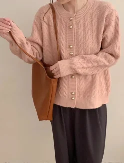 Women's Sweater Cardigan Casual Soft Pure Color Cable Crew Neck Buttons Knitted Long Sleeve Regular Tops Knit Outdoor Daily Weekend White Pink Fall Winter Women Cardigans & Outerwears|Pullovers & Tops