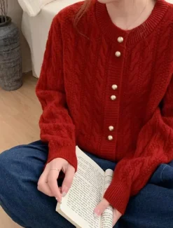 Women's Sweater Cardigan Casual Soft Pure Color Cable Crew Neck Buttons Knitted Long Sleeve Regular Tops Knit Outdoor Daily Weekend White Pink Fall Winter Women Cardigans & Outerwears|Pullovers & Tops