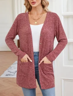 Best Women's Sweater Cardigan Casual Soft Pure Color Ribbed V Neck Buttons Pocket Knitted Long Sleeve Regular Tops Knit Outdoor Daily Weekend Dusty Rose Khaki Fall Winter Women Cardigans & Outerwears