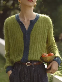 Sale Women's Sweater Cardigan Casual Soft Pure Color Ribbed Crew Neck Buttons Knitted Long Sleeve Regular Tops Knit Outdoor Daily Weekend Green Apricot Fall Winter Women Cardigans & Outerwears