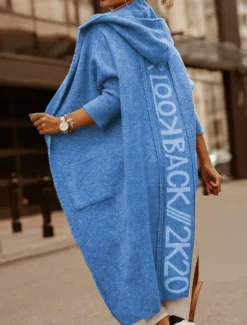 Best Women's Sweater Cardigan Casual Soft Letter Ribbed Hooded Pocket Knitted Long Sleeve Long Tops Knit Outdoor Daily Weekend Light Brown Blue Fall Winter Women Cardigans & Outerwears