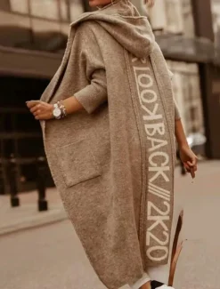Best Women's Sweater Cardigan Casual Soft Letter Ribbed Hooded Pocket Knitted Long Sleeve Long Tops Knit Outdoor Daily Weekend Light Brown Blue Fall Winter Women Cardigans & Outerwears