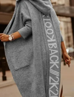 Best Women's Sweater Cardigan Casual Soft Letter Ribbed Hooded Pocket Knitted Long Sleeve Long Tops Knit Outdoor Daily Weekend Light Brown Blue Fall Winter Women Cardigans & Outerwears