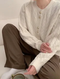 Hot Women's Sweater Cardigan Casual Soft Pure Color Cable Crew Neck Buttons Knitted Long Sleeve Regular Tops Knit Outdoor Daily Weekend White Pink Fall Winter Women Cardigans & Outerwears