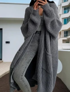 Hot Women's Sweater Cardigan Casual Soft Pure Color Chunky Open Front Buttons Knitted Long Sleeve Long Tops Knit Outdoor Daily Weekend Dark Gray Beige Fall Winter Women Cardigans & Outerwears